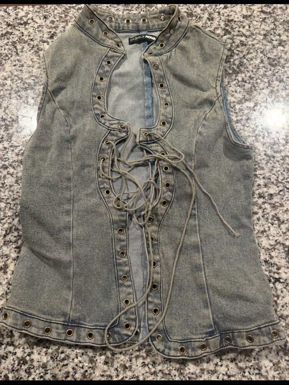 Fashion Nova Washed Blue Lace-Up Denim Vest